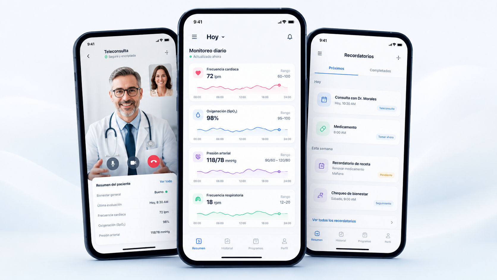 vitalFace app PWA con teleconsulta, monitoreo diario de signos vitales y recordatorios de citas y medicamentos
